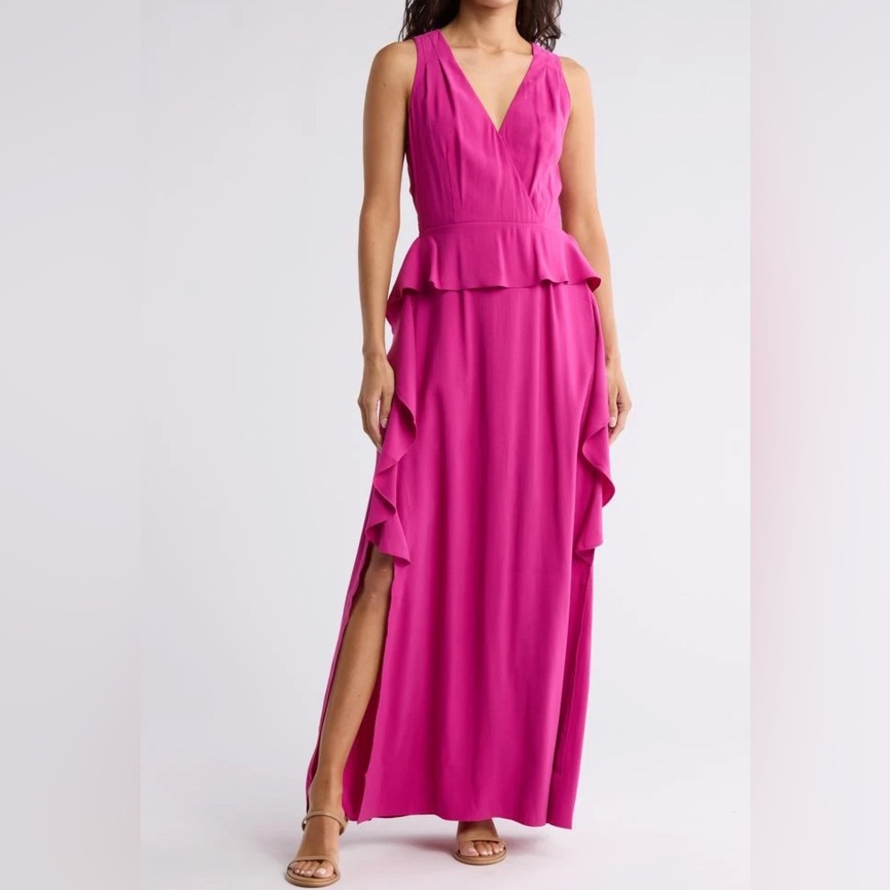 Joie Sheina Sleeveless V Neck‎ Ruffle Maxi Dress in pink